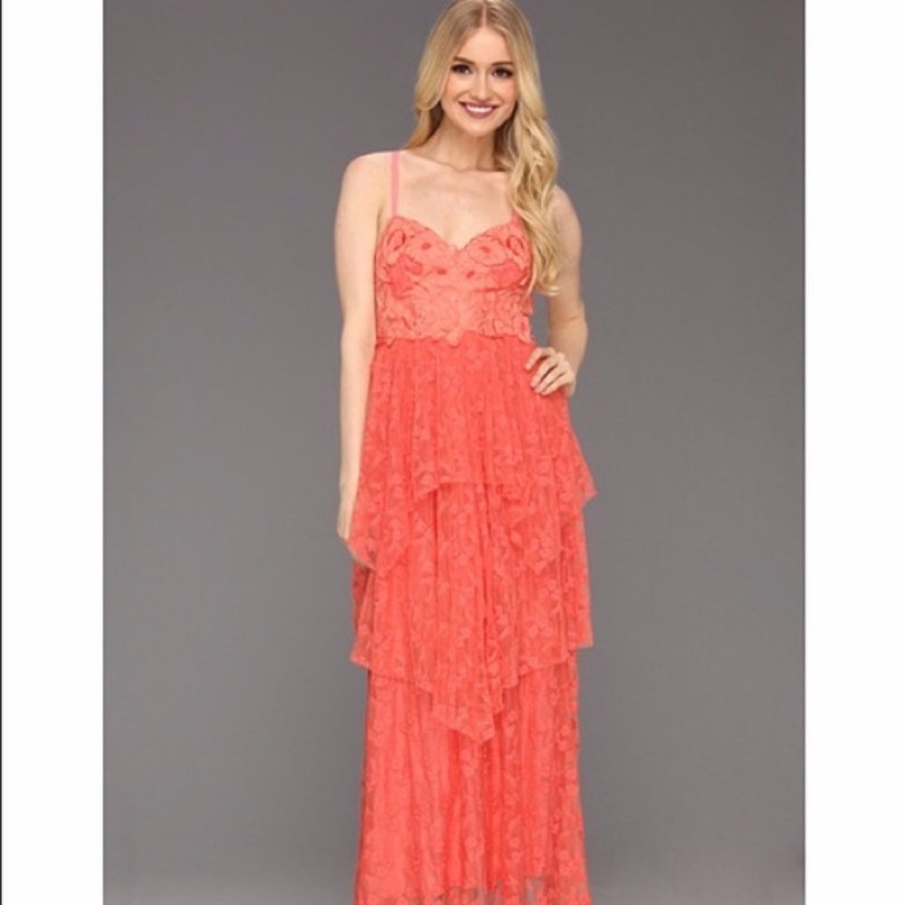Free People Coral Tiered Maxi Dress Gown Lace Embr
